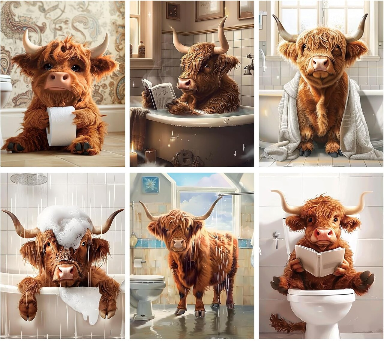 6 Pack Christmas Highland Cow Diamond Art Kit – Funny 5D DIY Round Drill Painting Set for Adults & Beginners | Floral Cow Gem Art for Home Wall Décor & Gifts